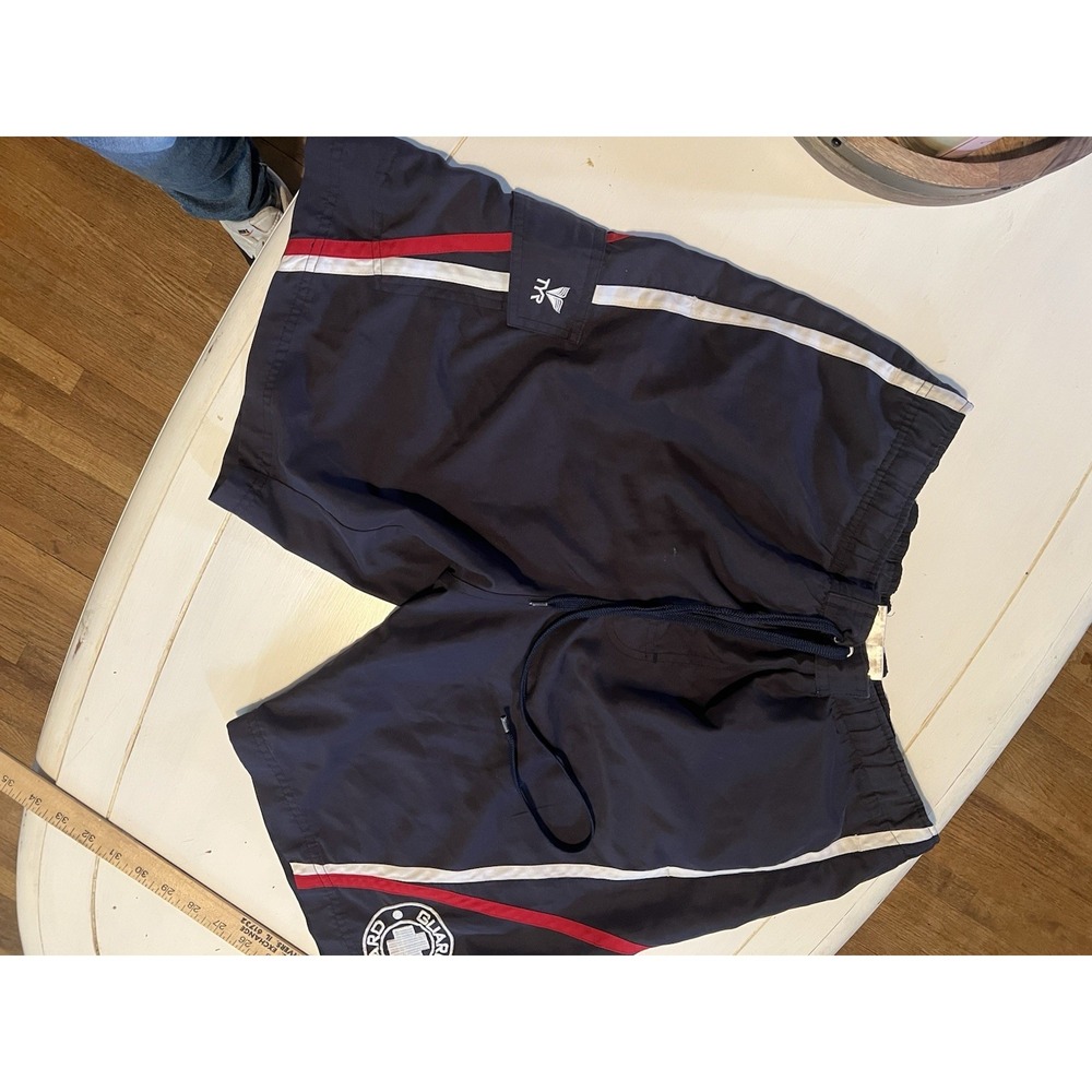 Y2K TYR Swim Trunks Mens Medium Navy Blue Red White Lined Shorts‎ Lifeguard